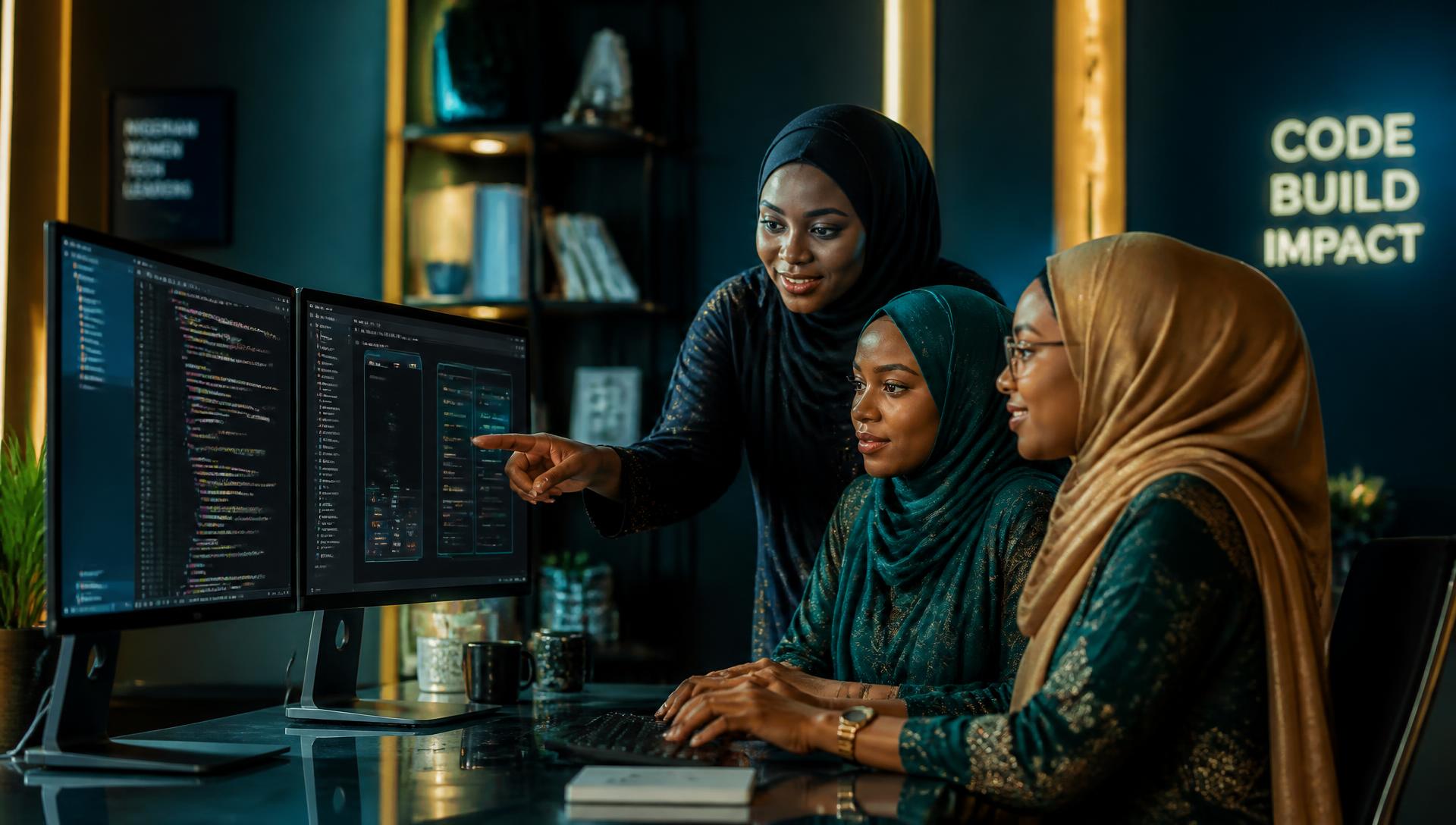 Three Northern Nigerian women developers reviewing code together on dual monitors