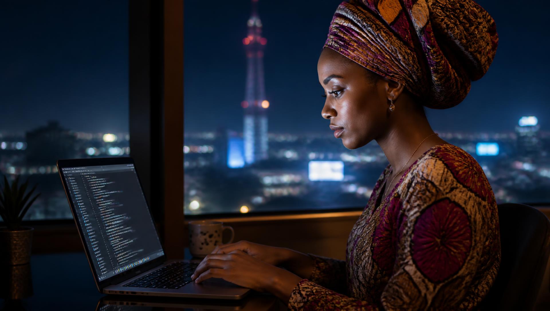 A woman coding at night with a telecommunications tower lit behind her window
