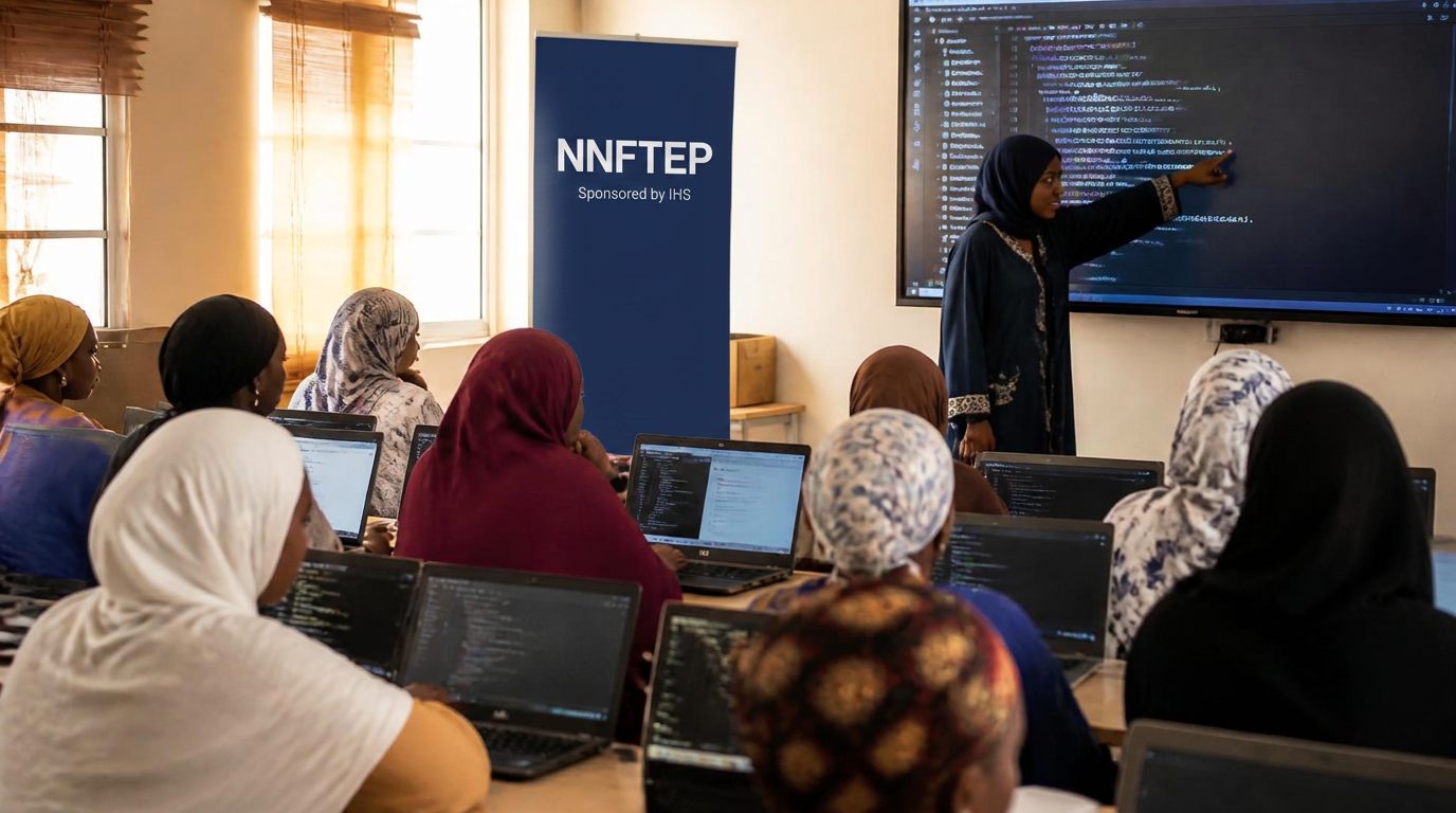 A classroom of Northern Nigerian women learning to code with a female trainer