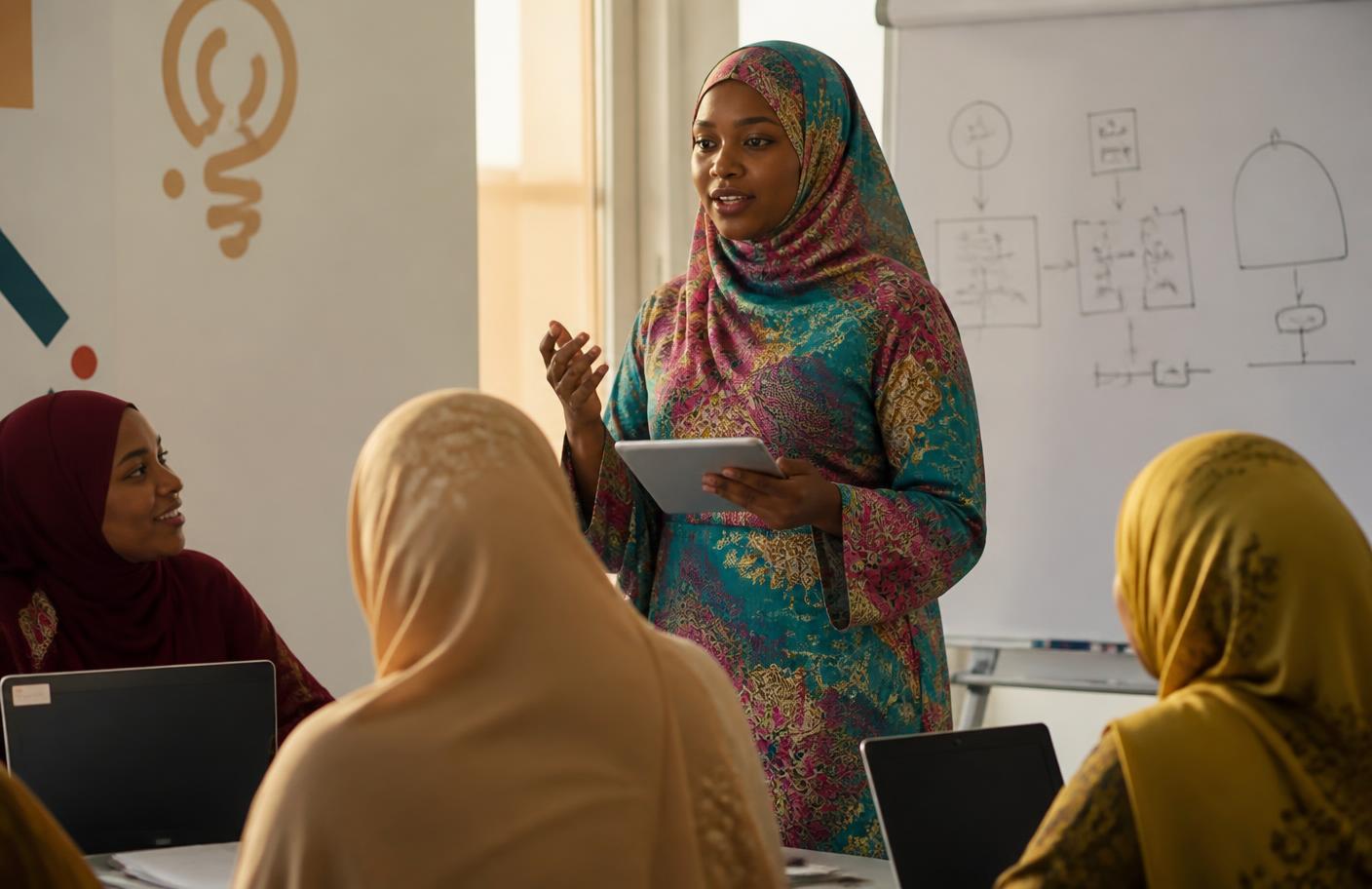 A Northern Nigerian woman presenting her tech business idea to fellow beneficiaries in Gombe